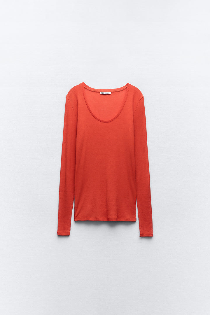 T-shirt Micro-côtelé Manches Longues
