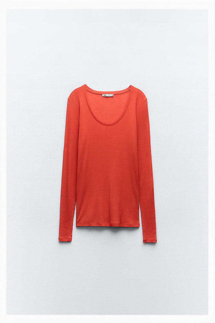 T-shirt Micro-côtelé Manches Longues