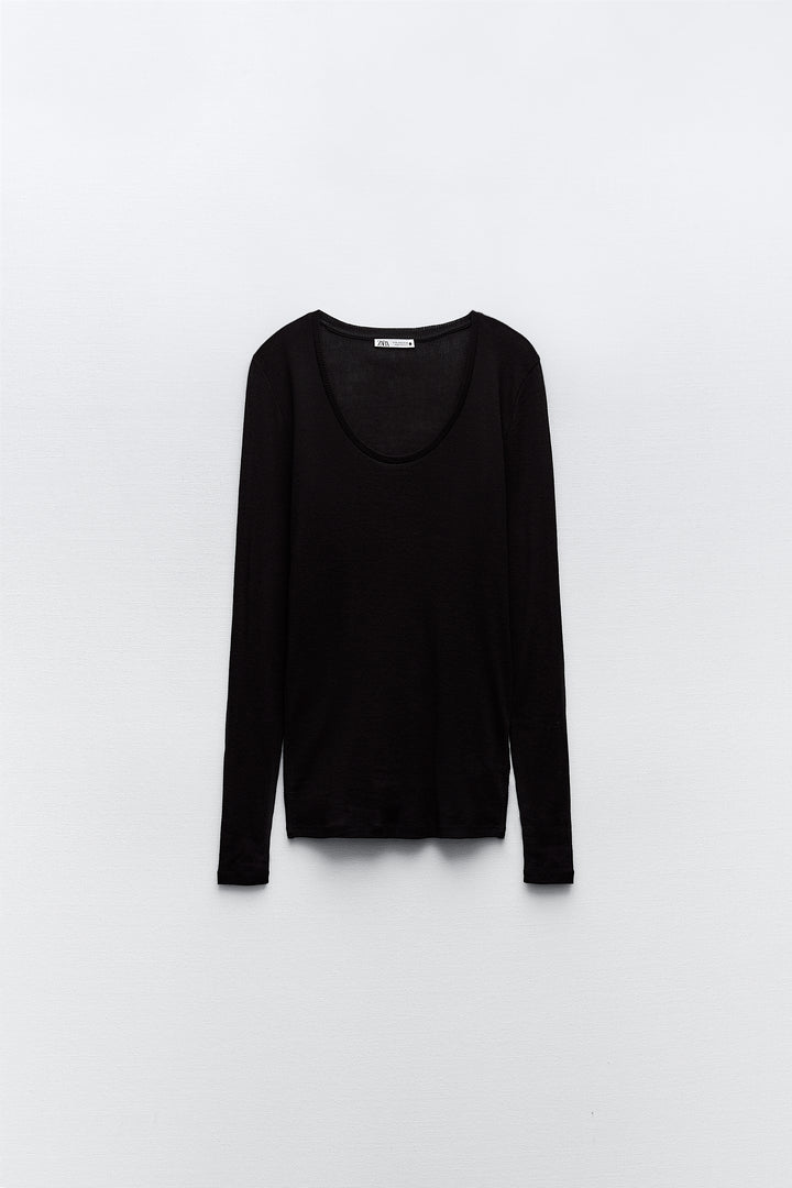 T-shirt Micro-côtelé Manches Longues