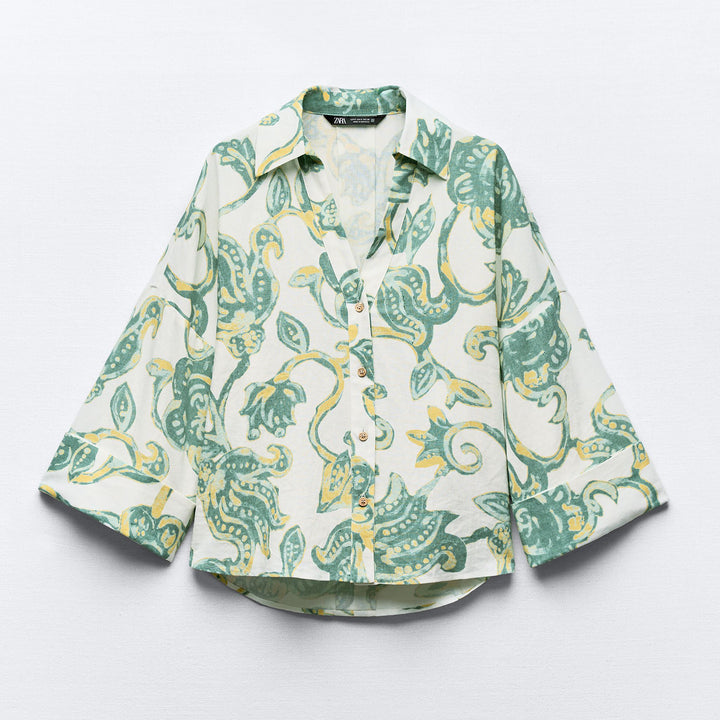 Moudda ZARA - Set chemise lin/viscose imprimée feuilles manches amples - Tunisie 1