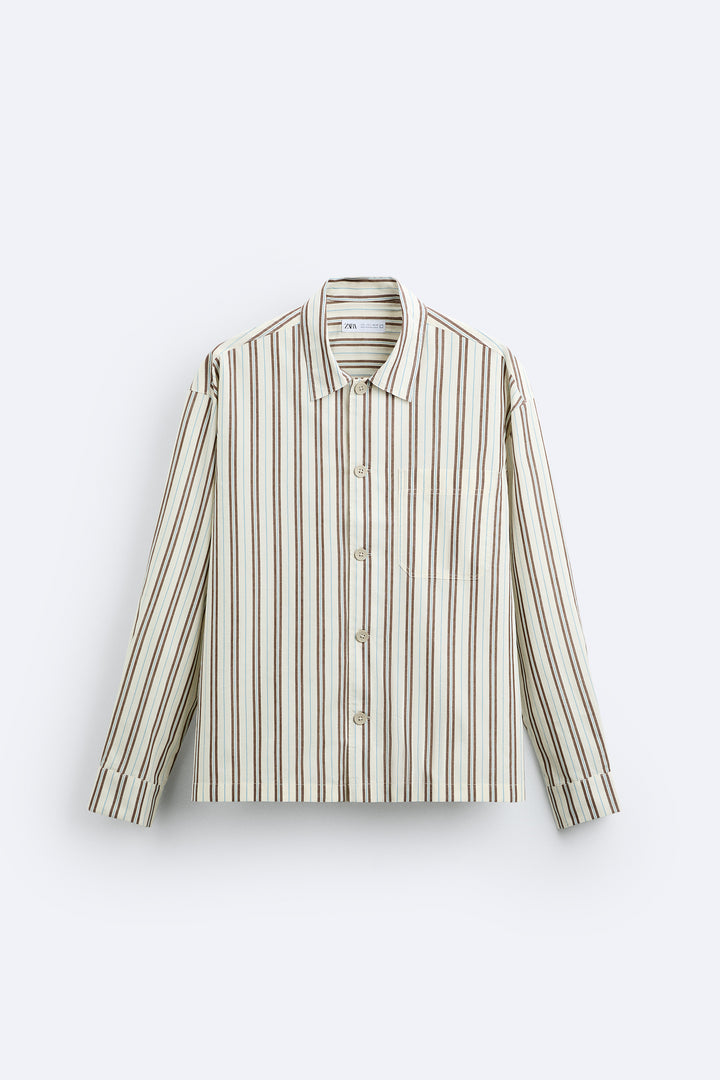 Chemise manches longues rayures toastées (broderie florale)
