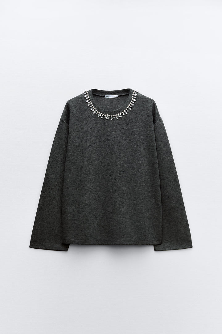 Sweat Doux Bijou Col Rond Manches Longues