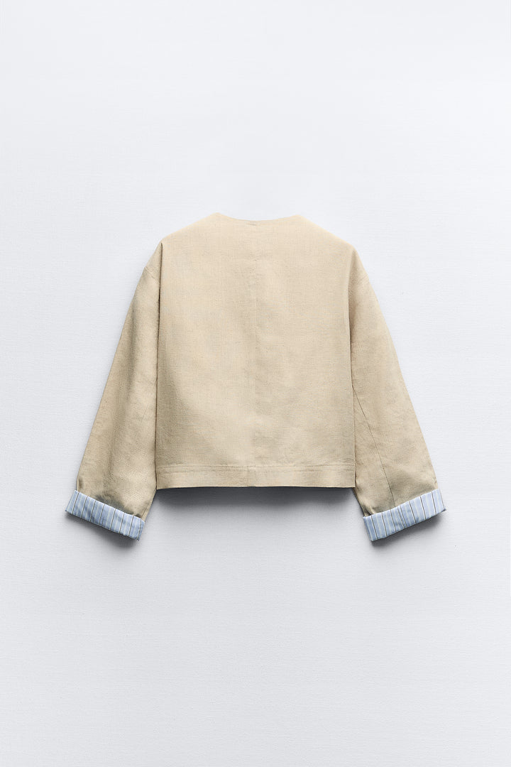Blazer col rond lin poche plaquée (Ensemble)