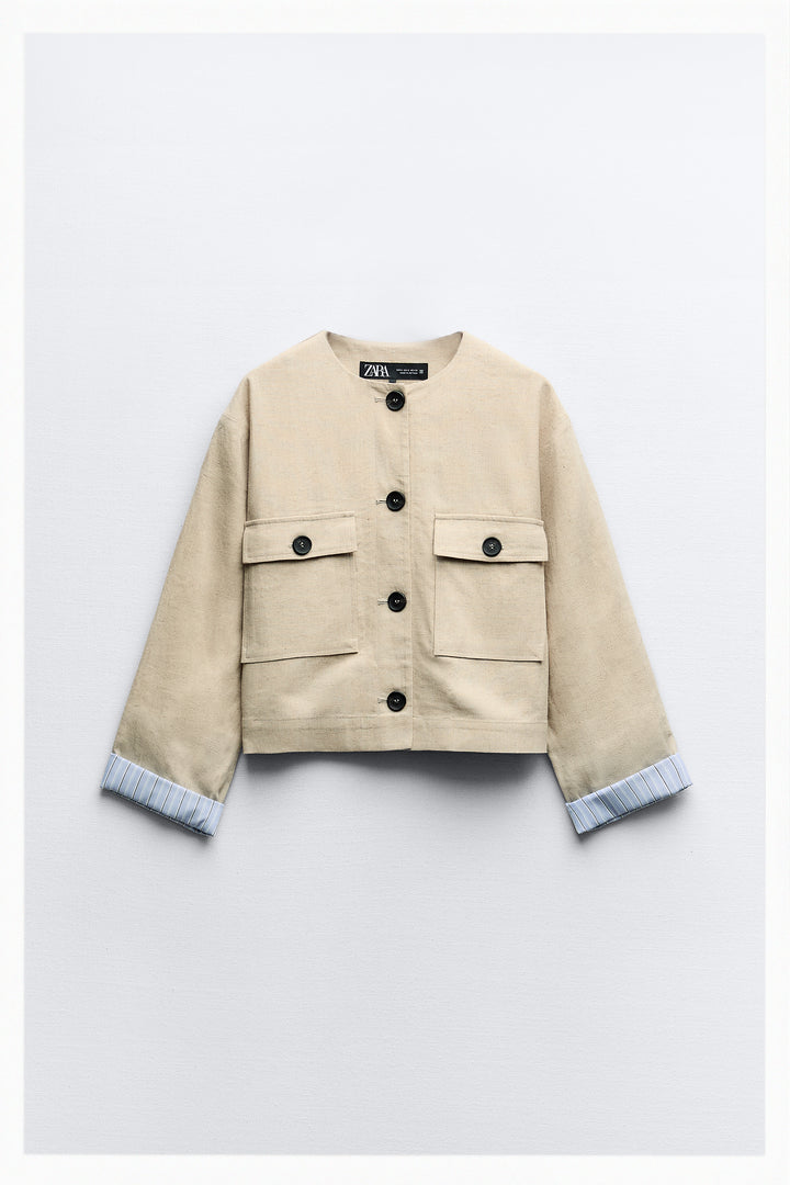 Blazer col rond lin poche plaquée (Ensemble)