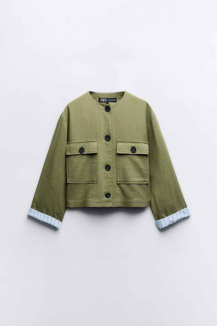 Blazer col rond lin poche plaquée (Ensemble)