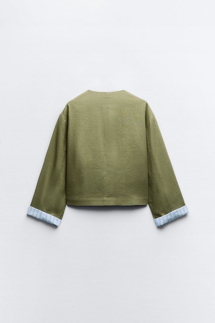 Blazer col rond lin poche plaquée (Ensemble)