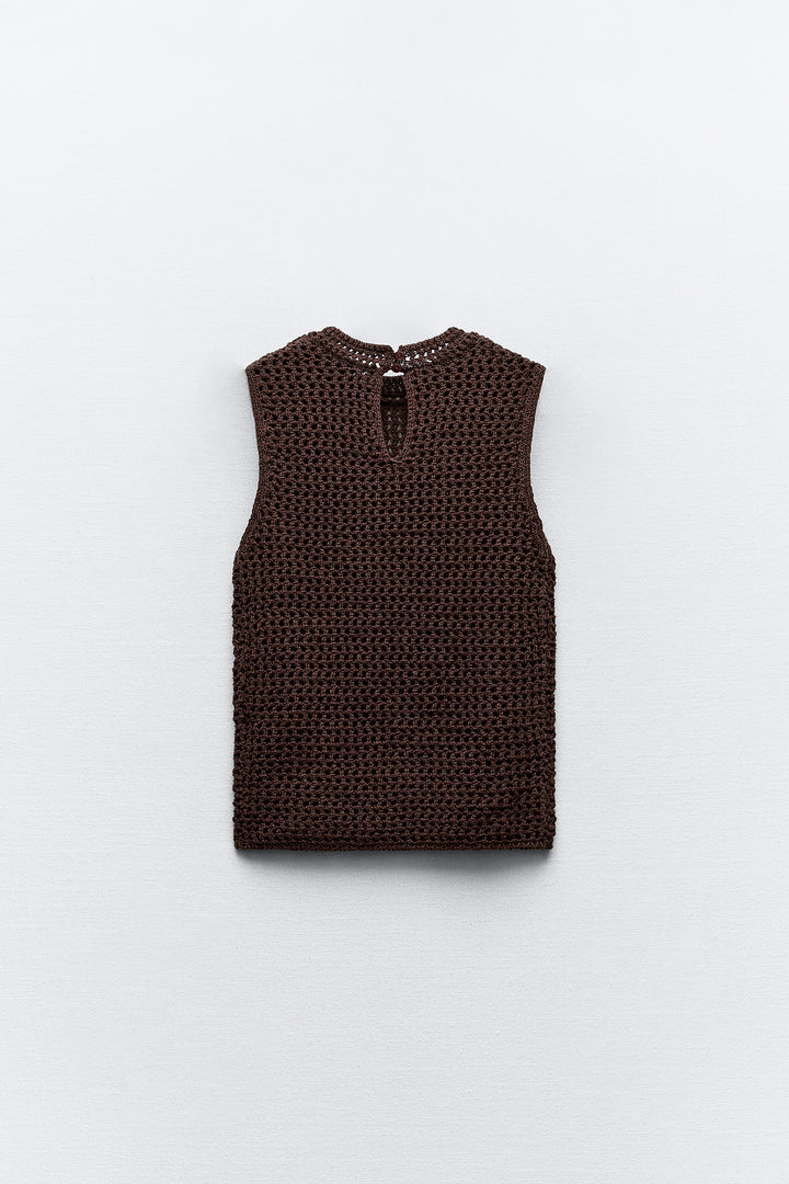 Top avec emmanchure sarrasin en tricot ouvert coton lin