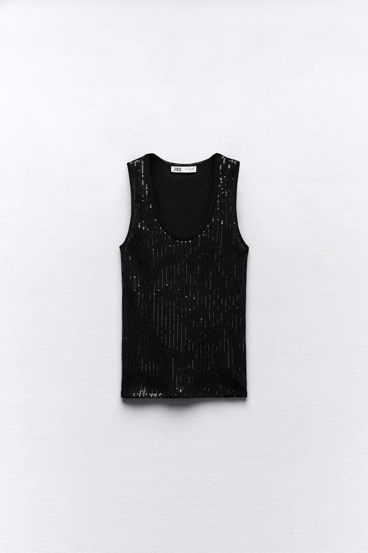 Top avec emmanchure sarrasin brodé extrafin sequins