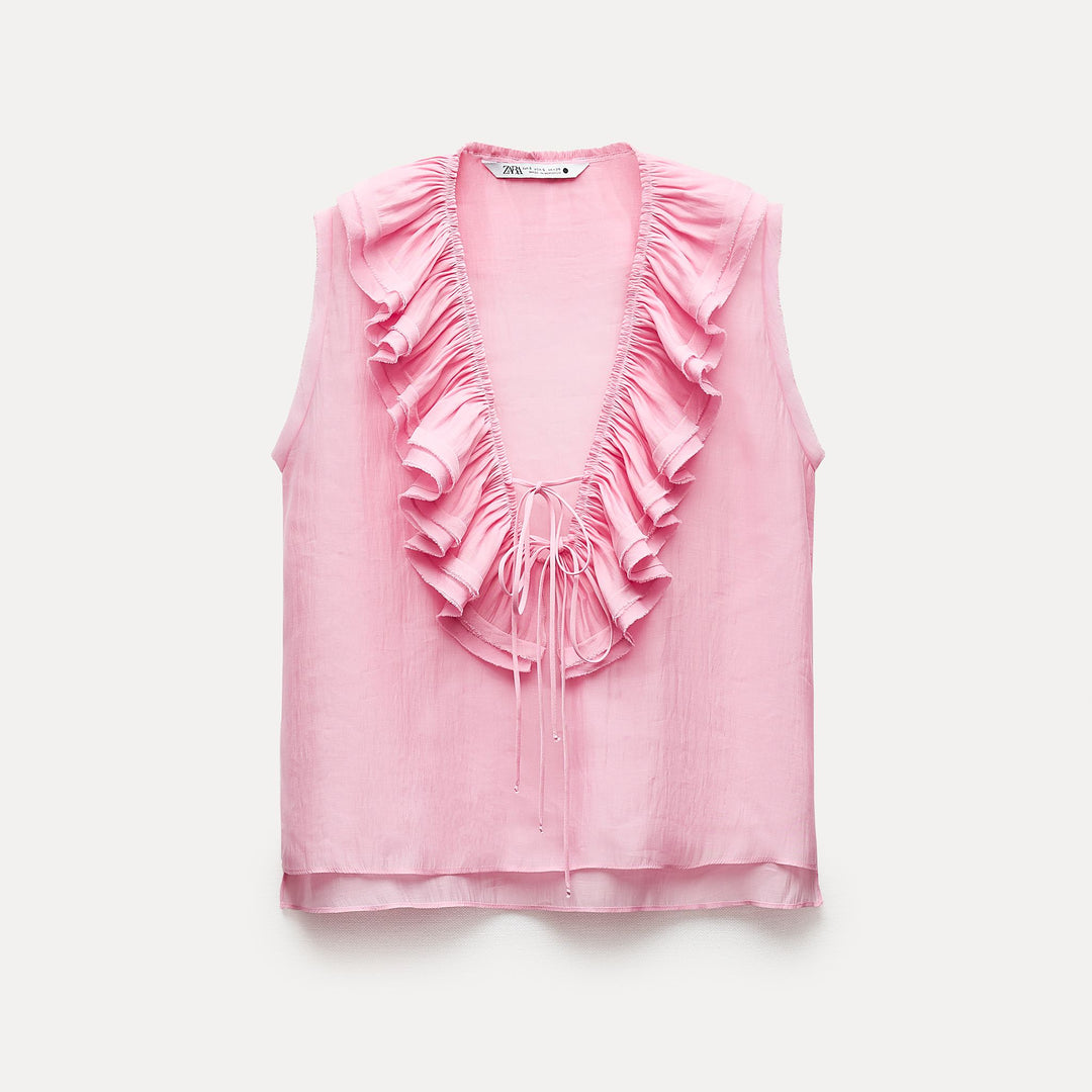 Moudda ZARA - Blouse romantique manches courtes petit nœud décolleté - Tunisie 1