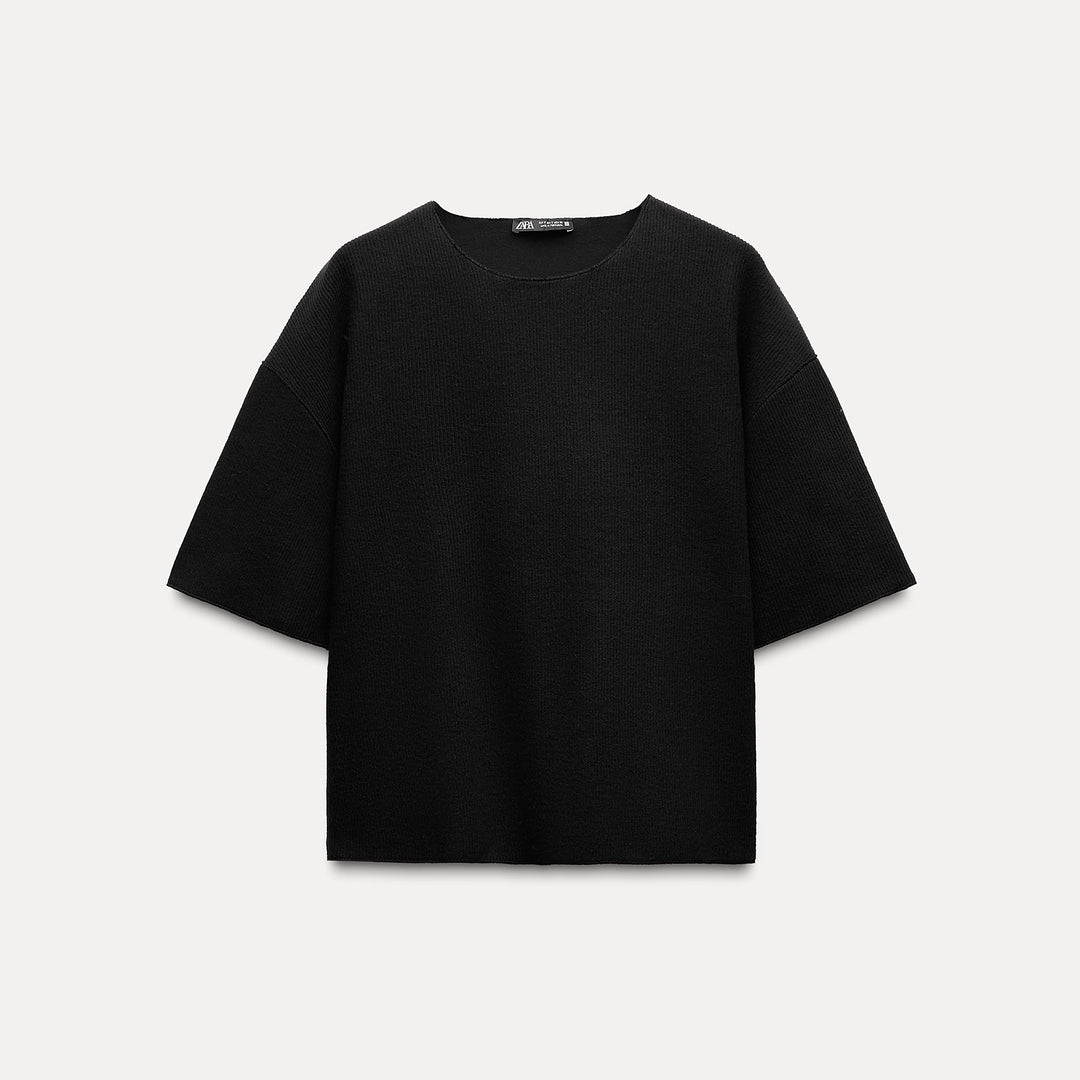 Moudda ZARA - Noir – t-shirt côtelé doux col rond manches courtes - Tunisie 2