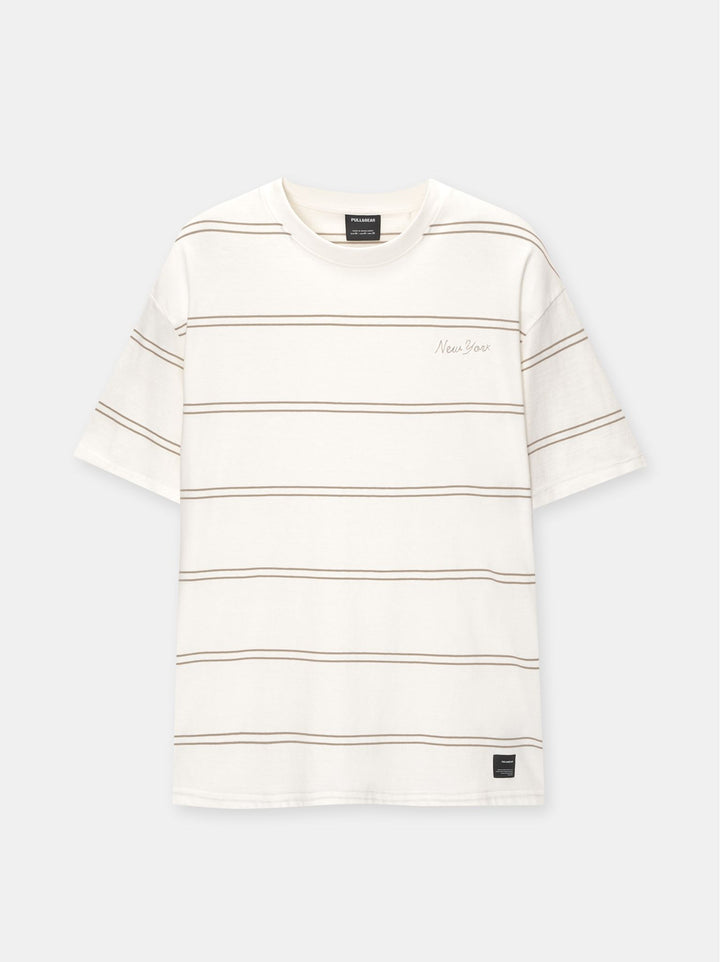 Moudda PULL & BEAR - T-Shirt Rayure Fine Tissée Brodé New York - Tunisie 3