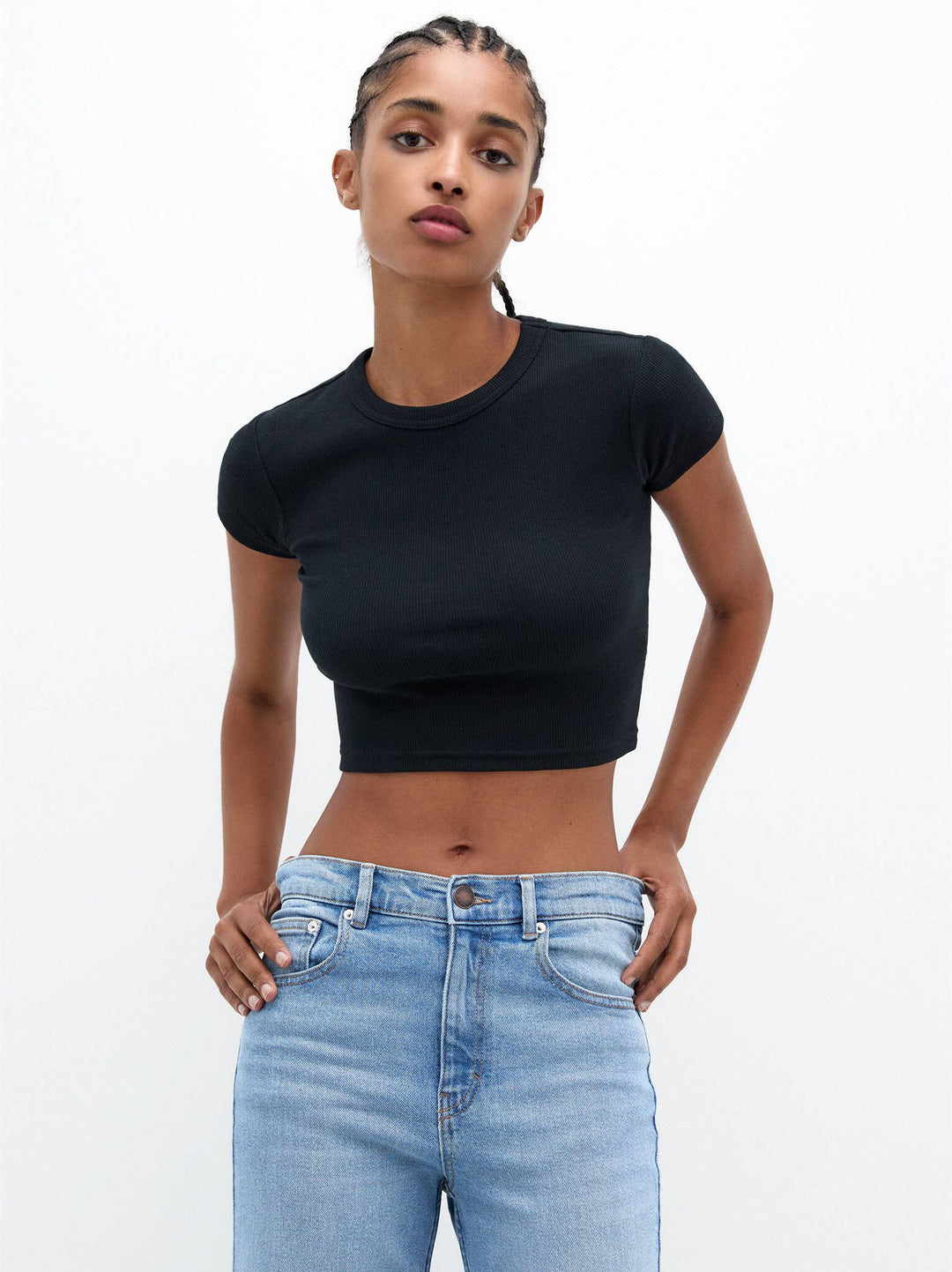 Moudda PULL & BEAR - T-Shirt Basique Crop Côtelé Encolure Ronde - Tunisie 1