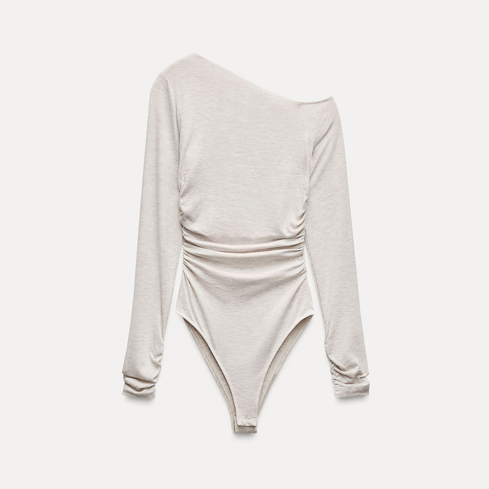 Moudda ZARA - Beige Vigo – body toucher doux encolure asymétrique froncé - Tunisie 2
