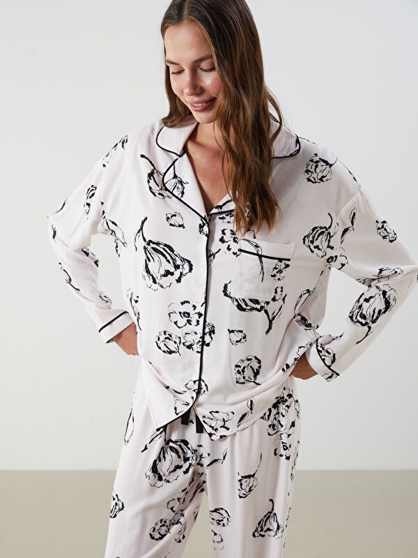 Moudda LC Waikiki - Pyjama tissé manches longues Femme Beige clair - Tunisie 1