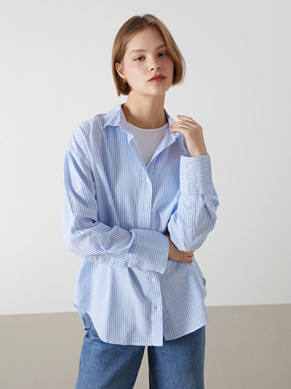 Moudda LC Waikiki - Chemise tissée manches longues Femme Bande bleu clair - Tunisie 1