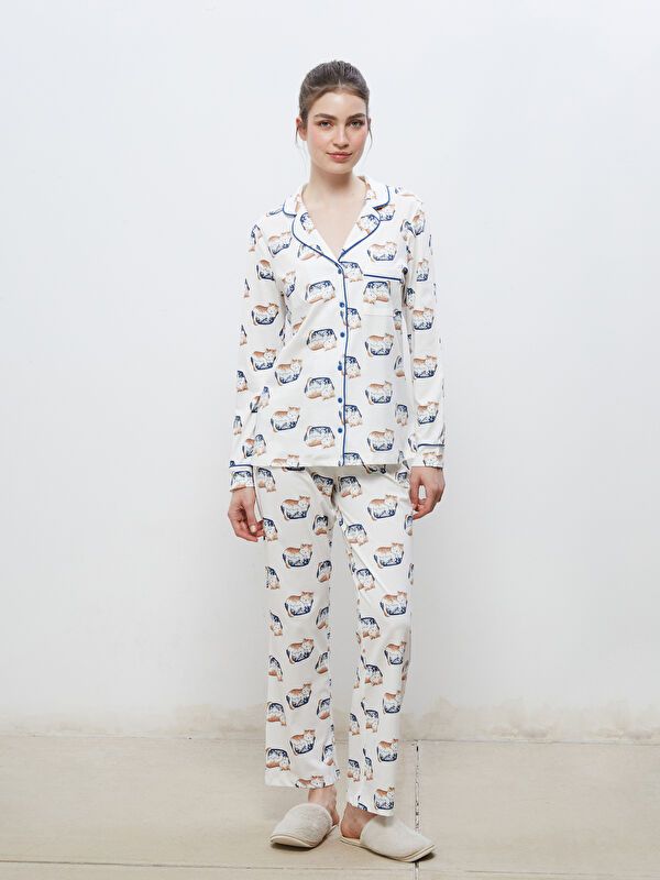 Moudda LC Waikiki - Pyjama en jersey manches longues Femme Imprimé écru - Tunisie 2