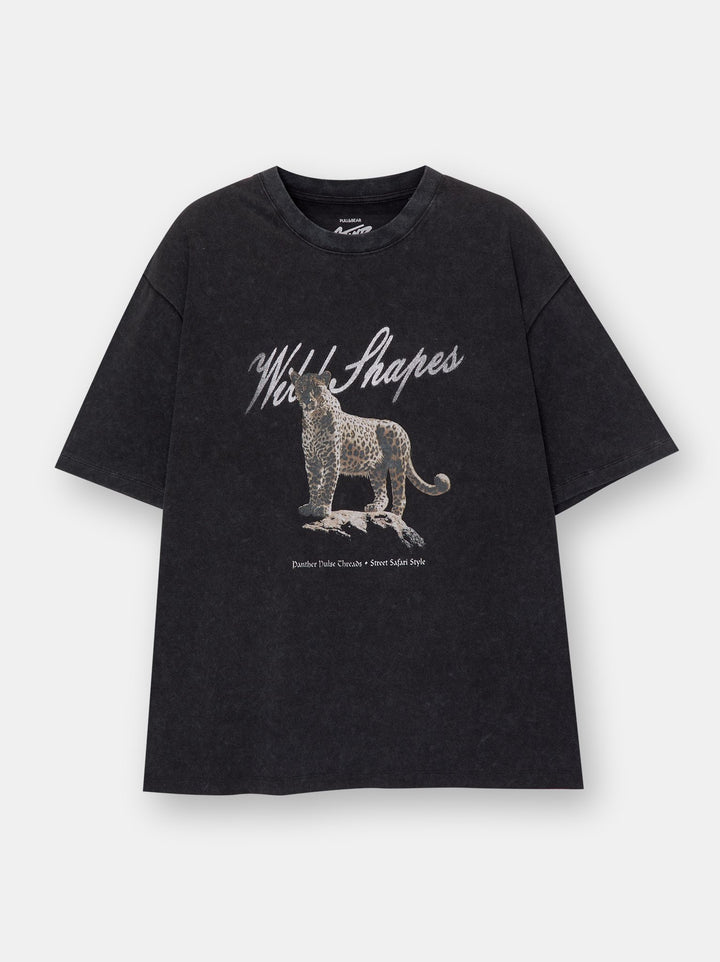 Moudda PULL & BEAR - T-Shirt Demi-Manches Col Léopard Noir Lavé - Tunisie 1
