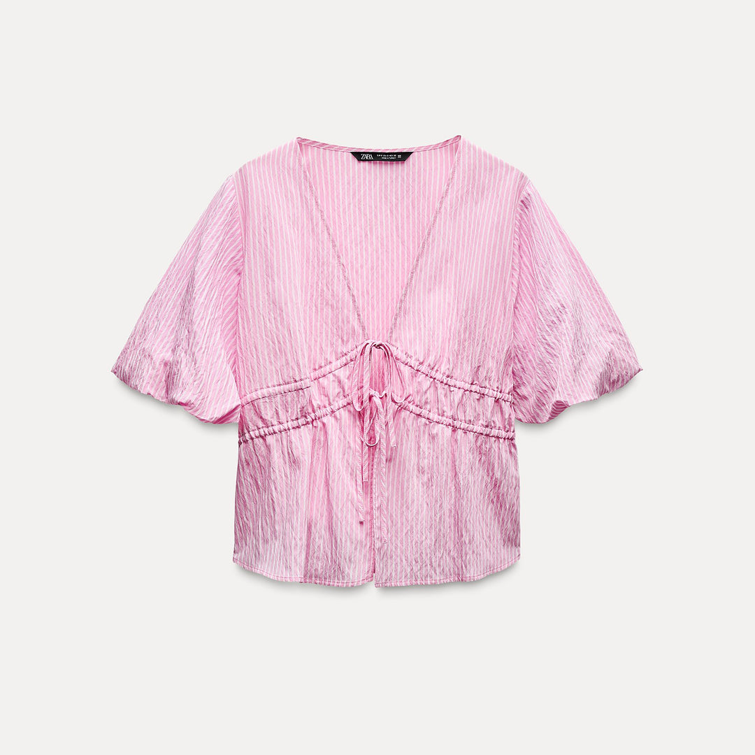 Moudda ZARA - Top rayé rose petits nœuds encolure manches bouffantes - Tunisie 1