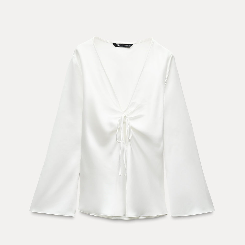 Moudda ZARA - Chemise satinée manches longues col en V drapé nœud - Tunisie 2