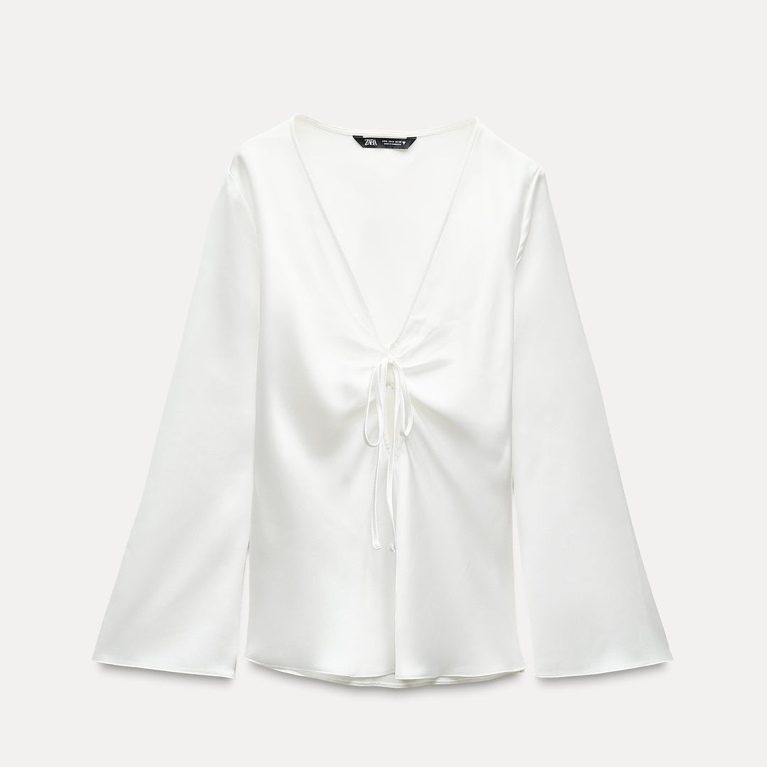 Moudda ZARA - Chemise satinée manches longues col en V drapé nœud - Tunisie 2