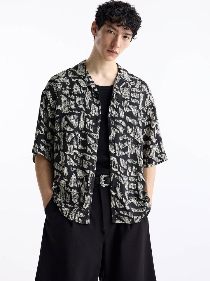 Moudda PULL & BEAR - Chemise Demi-Manches B&W Imprimé Fancy Stripe Noir - Tunisie 4