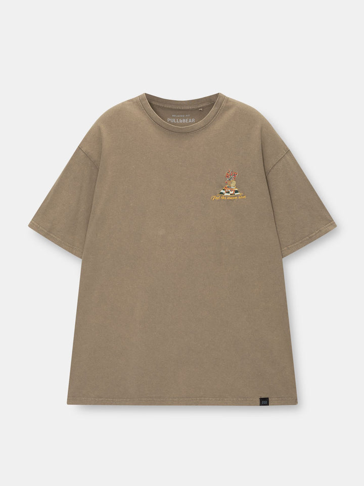 Moudda PULL & BEAR - T-Shirt Lavé Usé Brodé Feel The Warm Sun - Tunisie 1