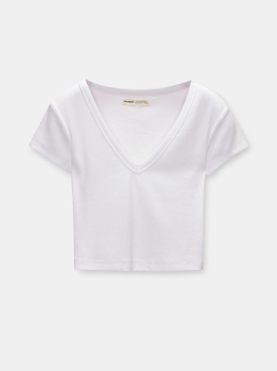 Moudda PULL & BEAR - T-Shirt Basique Crop Côtelé Encolure V Blanc - Tunisie 1