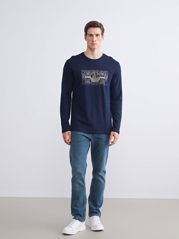 Moudda LC Waikiki - Sweatshirt jersey imprimé basique Homme Bleu marine - Tunisie 2