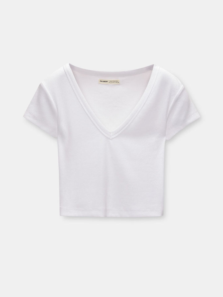 Moudda PULL & BEAR - T-Shirt Basique Crop Côtelé Encolure V Blanc - Tunisie 3