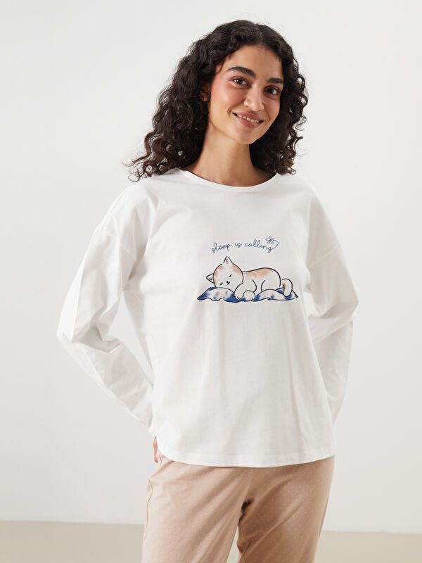 Moudda LC Waikiki - Pyjama en jersey manches longues Femme Imprimé beige - Tunisie 4