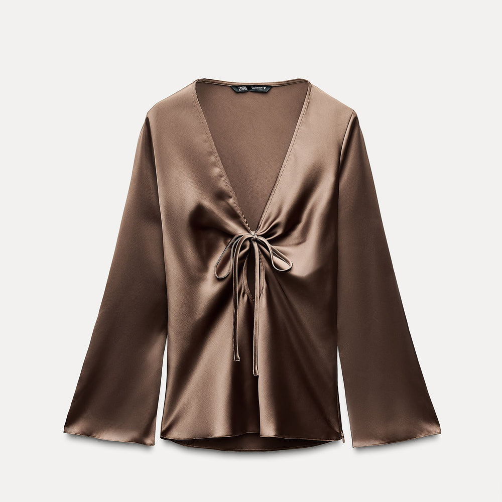 Moudda ZARA - Chemise satinée manches longues col en V drapé nœud - Tunisie 2