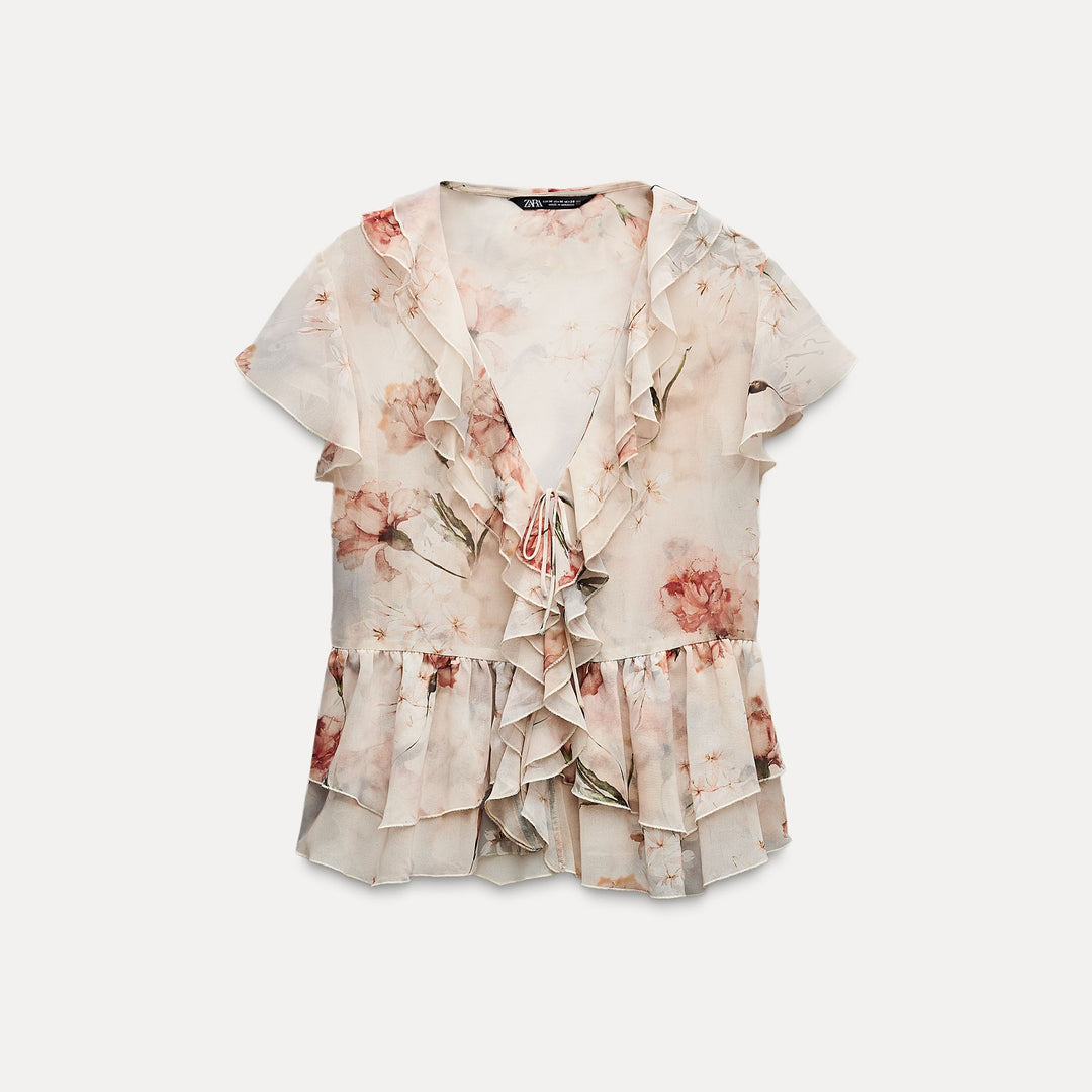 Moudda ZARA - Blouse imprimée floral romantique volants nœud manches courtes - Tunisie 2
