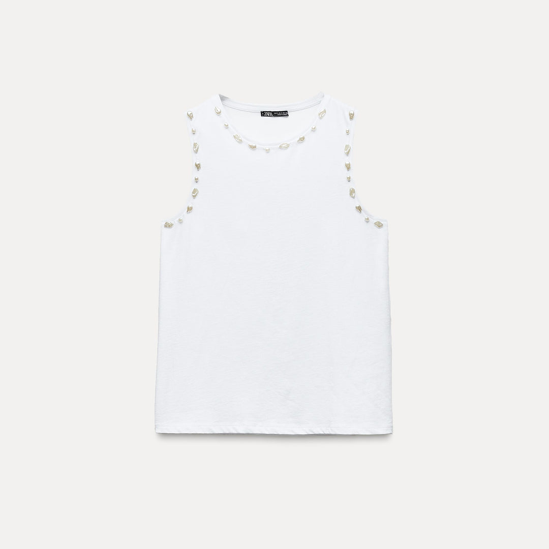 Moudda ZARA - T-shirt coton, manches courtes, perles et finitions - Tunisie 2