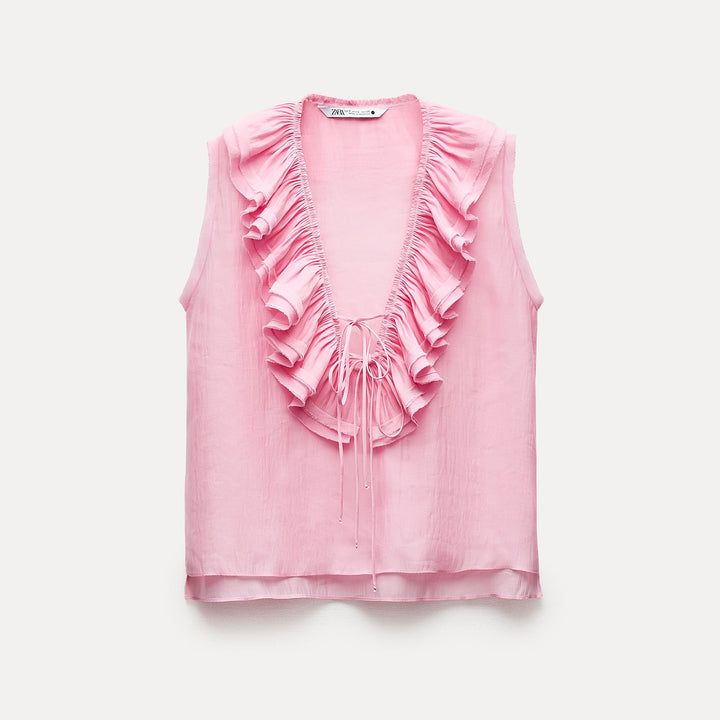 Moudda ZARA - Blouse romantique manches courtes petit nœud décolleté - Tunisie 2