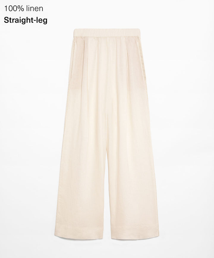 Moudda Oysho - Pantalon 100% Lin Relaxed Brodé Taille Moyenne - Tunisie 1