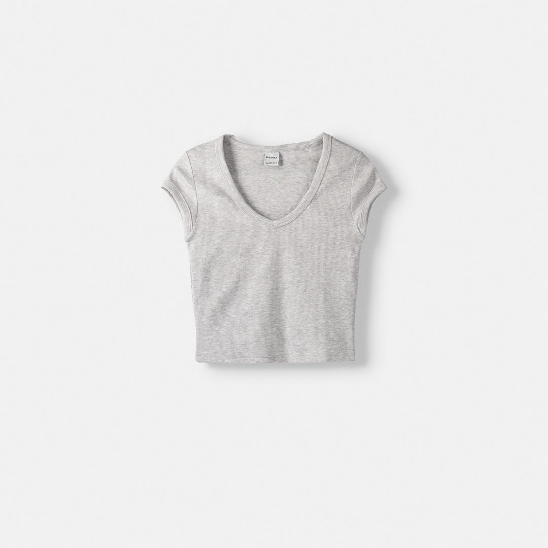 Moudda BERSHKA - Gris Vigo – t-shirt manches courtes col en V - Tunisie 1