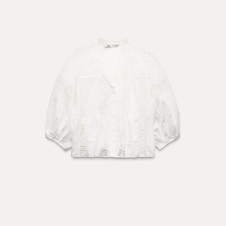Moudda ZARA - Chemise voile col en V entre-deux et pinces manches 3/4 - Tunisie 1