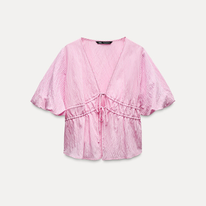 Moudda ZARA - Top rayé rose petits nœuds encolure manches bouffantes - Tunisie 2