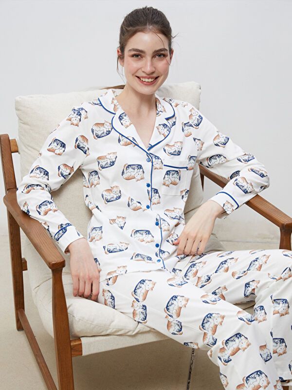 Moudda LC Waikiki - Pyjama en jersey manches longues Femme Imprimé écru - Tunisie 1