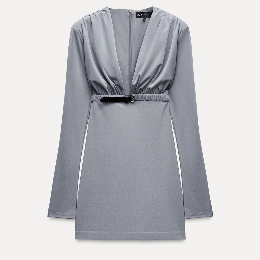 Moudda ZARA - Robe courte en maille, décolleté en V drapé, ceinturée - Tunisie 2