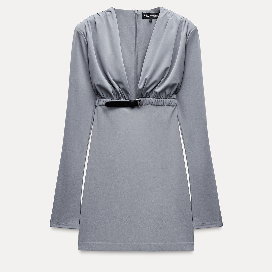 Moudda ZARA - Robe courte en maille, décolleté en V drapé, ceinturée - Tunisie 2