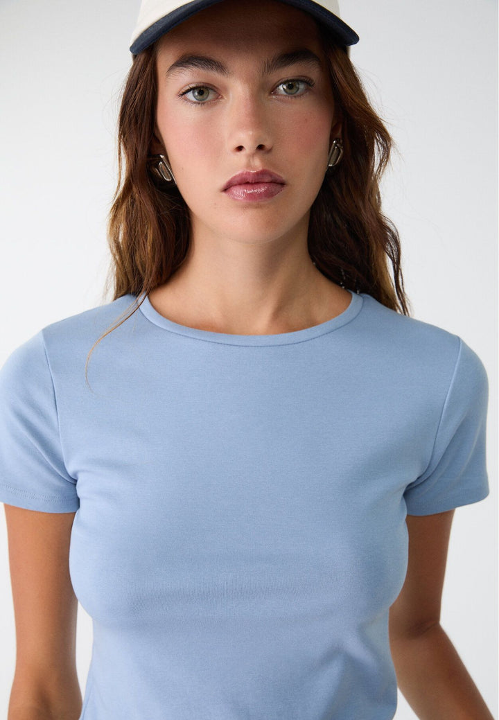 Moudda STRADIVARIUS - T-Shirt Crop Basique Manche Courte Coton Élasthanne Grandes Surfaces - Tunisie 4