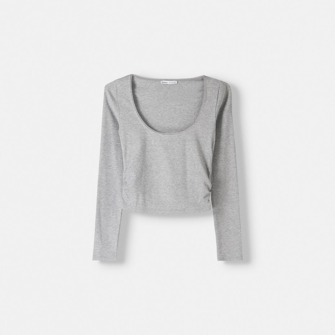 Moudda BERSHKA - T-shirt manches longues col rond froncé gris - Tunisie 1