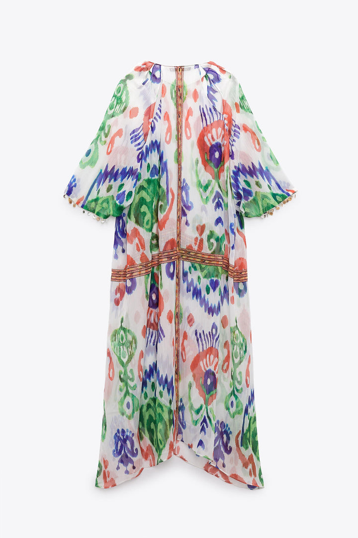 Caftan fluide imprimé poignets fantaisie